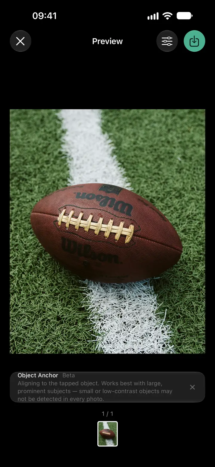 Lign's iPhone preview shows an American football on grass, aligned after the user tapped it with Object Anchor (Beta).