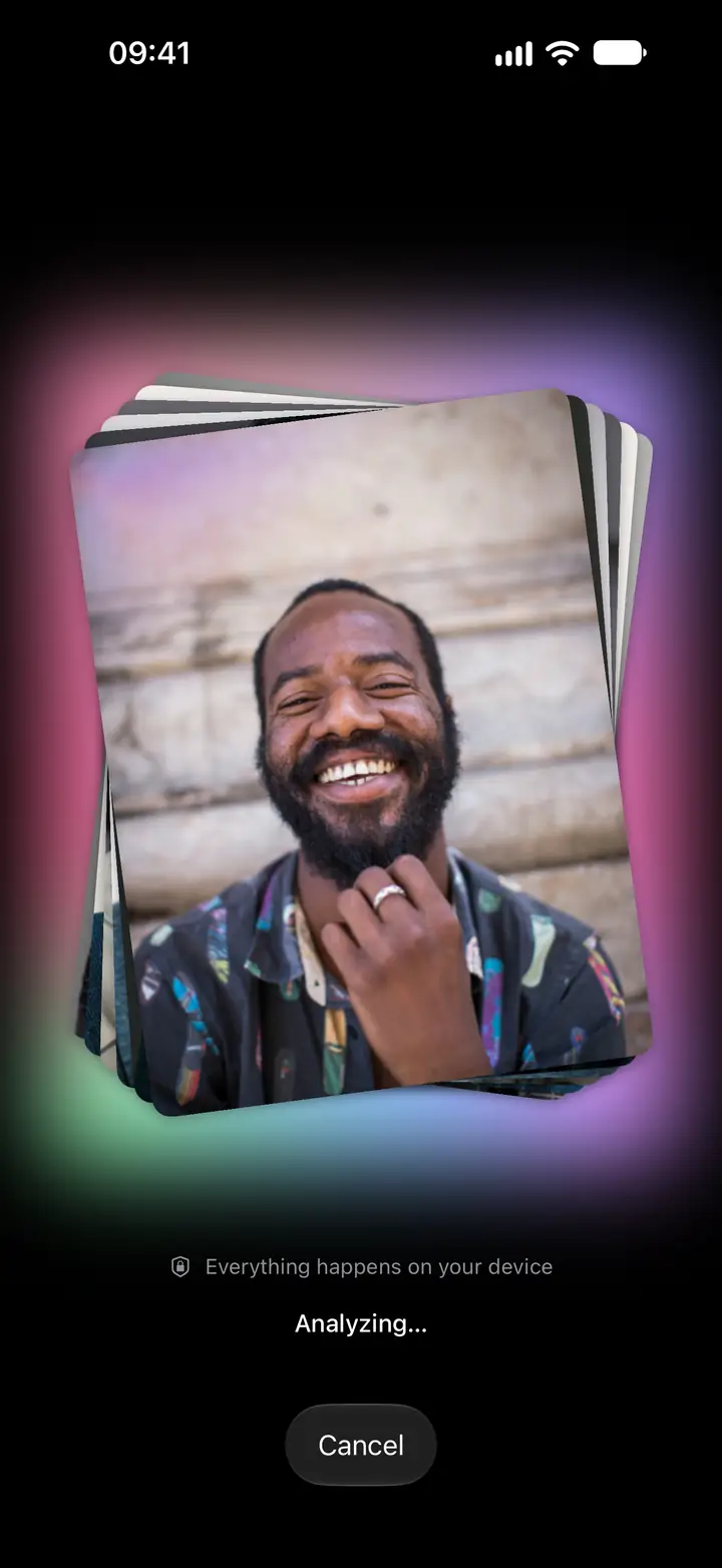 Lign analyzes a stack of portrait photos on iPhone beneath the message "Everything happens on your device."